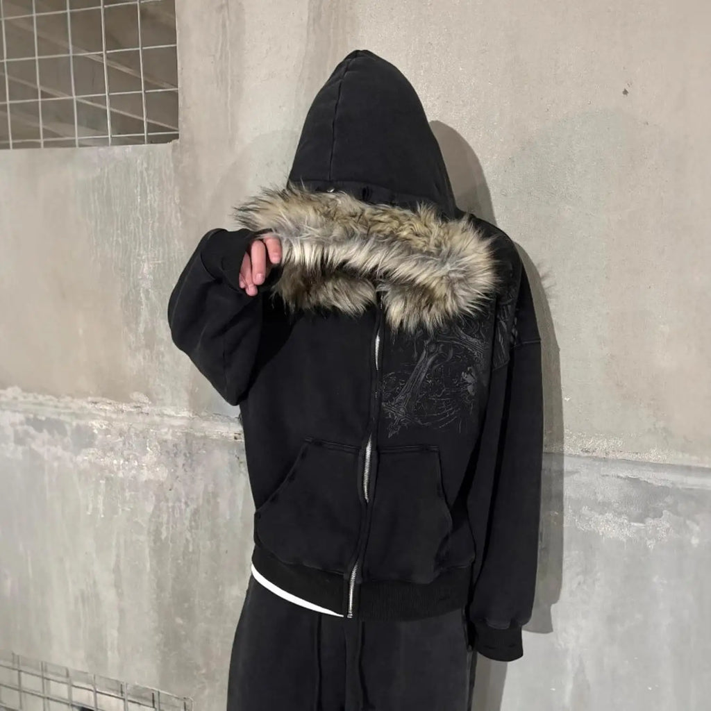 2000s Vintage Therian Fur Hood Jacket Y2k